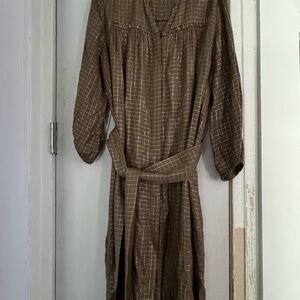 Apiece Apart Brown Tan V-Neck Bishop Sleeve Dress